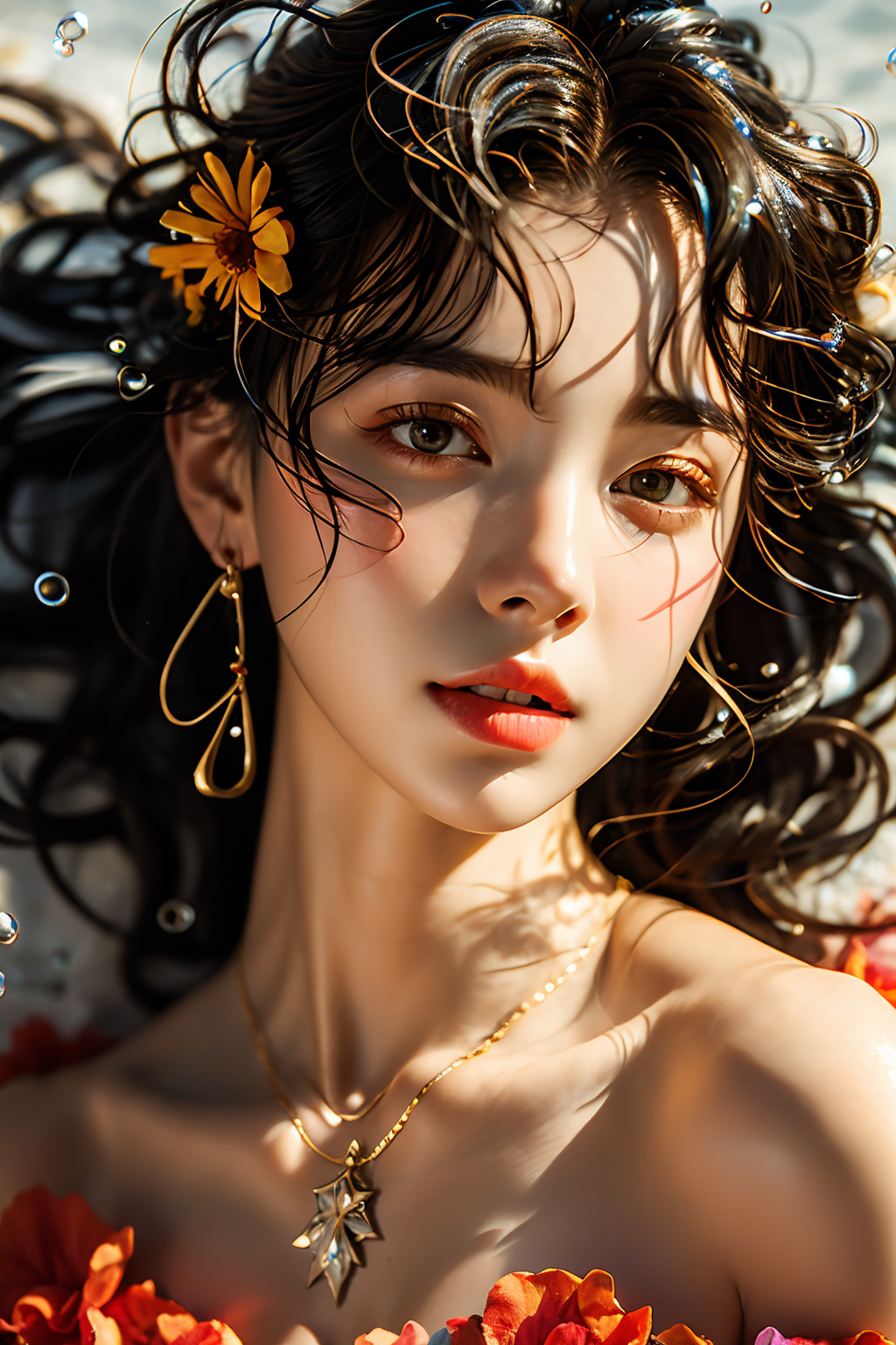 01172-337573606-_lora_漂亮男孩_0.7_,a woman with a necklace and a necklace on her neck and a flower in her hair, with bubbles floating over her head.png